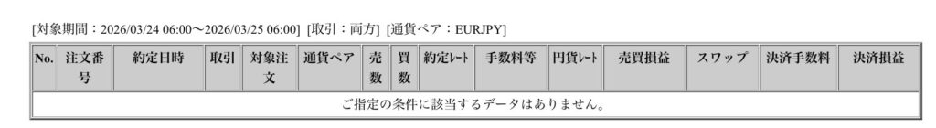 2026年3月24日から3月25日6時までに行われたユーロ円の約定データ。システムから出力された生の履歴を、運用の透明性を証明する資料として掲載している画像。

