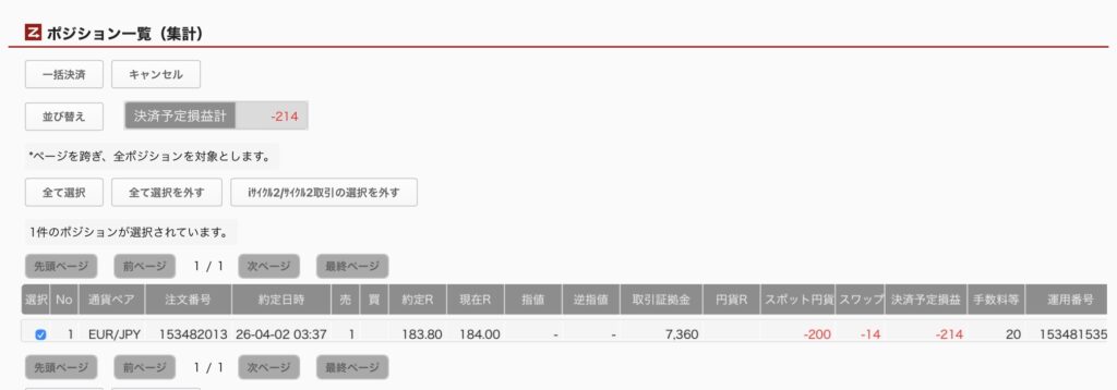 4月2日6時ごろの運用しているユーロ円自動売買システム②の未決済ポジション一覧。未決済ポジションの内訳が正確にわかるスクリーンショット
