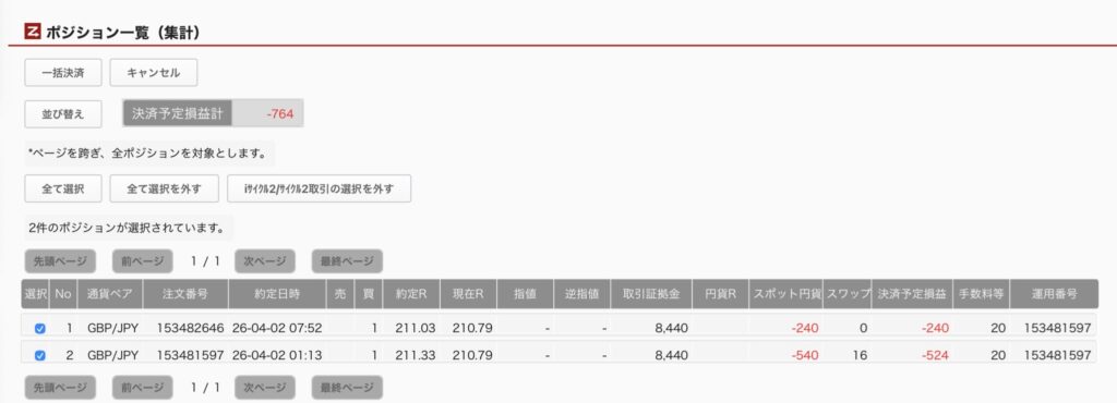 4月3日6時ごろの運用しているポンド円自動売買システム②の未決済ポジション一覧。未決済ポジションの内訳が正確にわかるスクリーンショット
