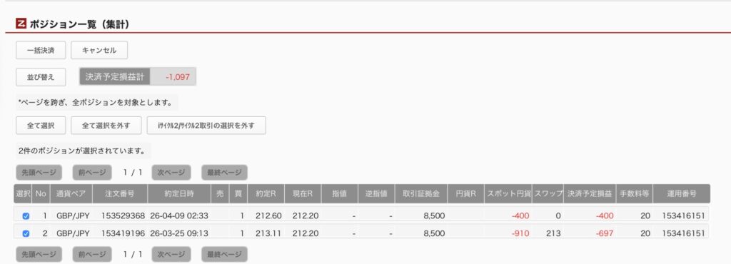 4月9日6時ごろの運用しているポンド円自動売買システム(50)の未決済ポジション一覧。未決済ポジションの内訳が正確にわかるスクリーンショット
