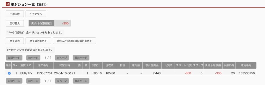 4月10日6時ごろの運用しているユーロ円自動売買システム(30)の未決済ポジション一覧。未決済ポジションの内訳が正確にわかるスクリーンショット