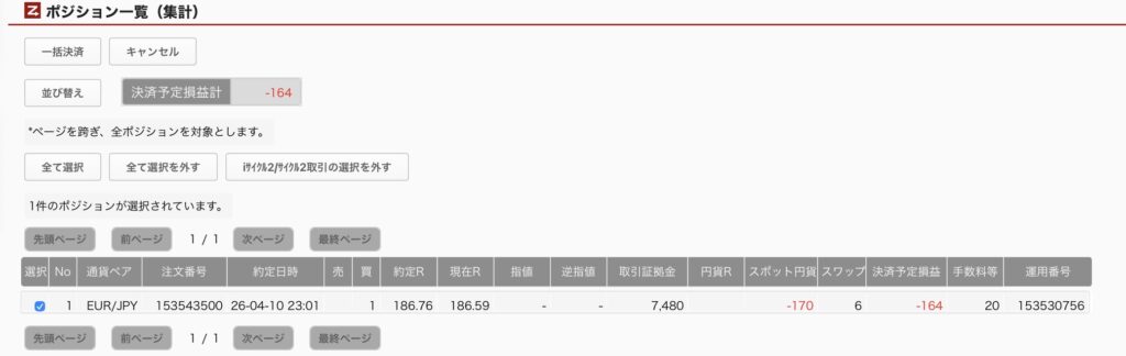 2026年4月11日6時ごろの運用しているユーロ円自動売買システム(30)の未決済ポジション一覧。未決済ポジションの内訳が正確にわかるスクリーンショット