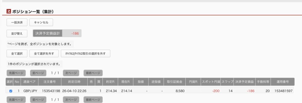 2026年4月11日6時ごろの運用しているポンド円自動売買システム(30)の未決済ポジション一覧。未決済ポジションの内訳が正確にわかるスクリーンショット
