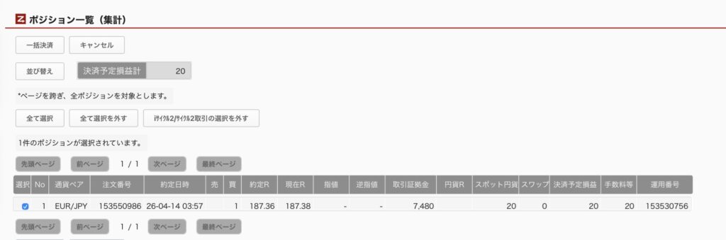 2026年4月14日6時ごろの運用しているユーロ円自動売買システム(30)の未決済ポジション一覧。未決済ポジションの内訳が正確にわかるスクリーンショット
