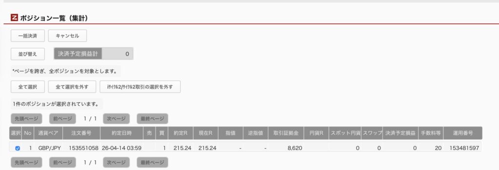 2026年4月14日6時ごろの運用しているポンド円自動売買システム(30)の未決済ポジション一覧。未決済ポジションの内訳が正確にわかるスクリーンショット