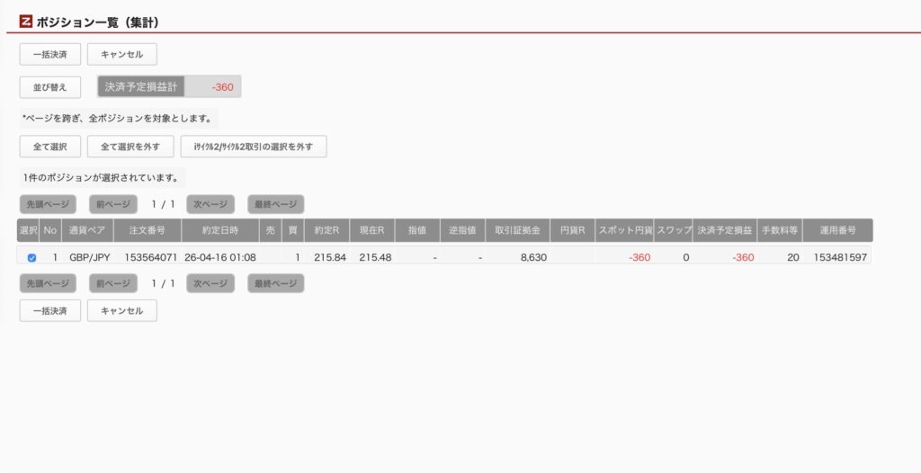2026年4月15日6時ごろの運用しているポンド円自動売買システム(30)の未決済ポジション一覧。未決済ポジションの内訳が正確にわかるスクリーンショット