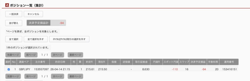 2026年4月15日6時ごろの運用しているポンド円自動売買システム(50)の未決済ポジション一覧。未決済ポジションの内訳が正確にわかるスクリーンショット