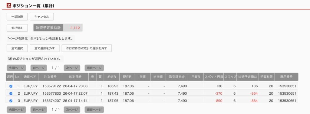 2026年4月21日6時ごろの運用しているユーロ円自動売買システム(50)の未決済ポジション一覧。未決済ポジションの内訳が正確にわかるスクリーンショット