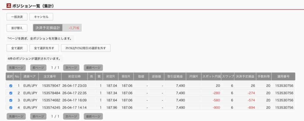 2026年4月21日6時ごろの運用しているユーロ円自動売買システム(30)の未決済ポジション一覧。未決済ポジションの内訳が正確にわかるスクリーンショット