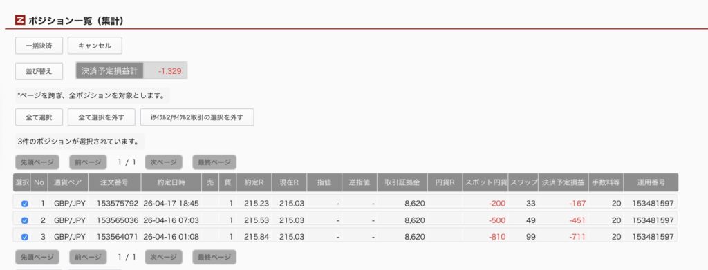 2026年4月22日6時ごろの運用しているポンド円自動売買システム(30)の未決済ポジション一覧。未決済ポジションの内訳が正確にわかるスクリーンショット
