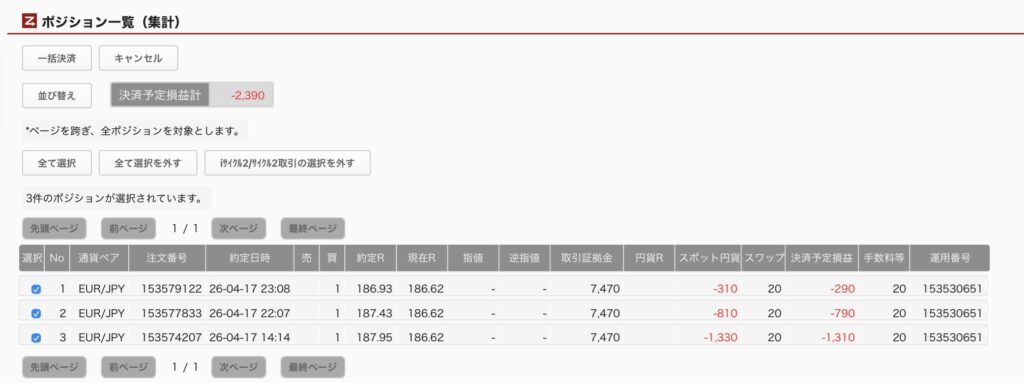 2026年4月23日6時ごろの運用しているユーロ円自動売買システム(50)の未決済ポジション一覧。未決済ポジションの内訳が正確にわかるスクリーンショット
