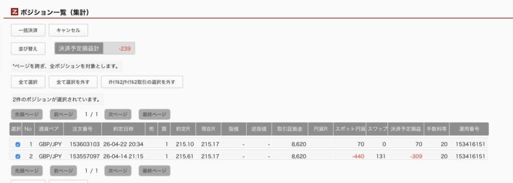 2026年4月23日6時ごろの運用しているポンド円自動売買システム(50)の未決済ポジション一覧。未決済ポジションの内訳が正確にわかるスクリーンショット