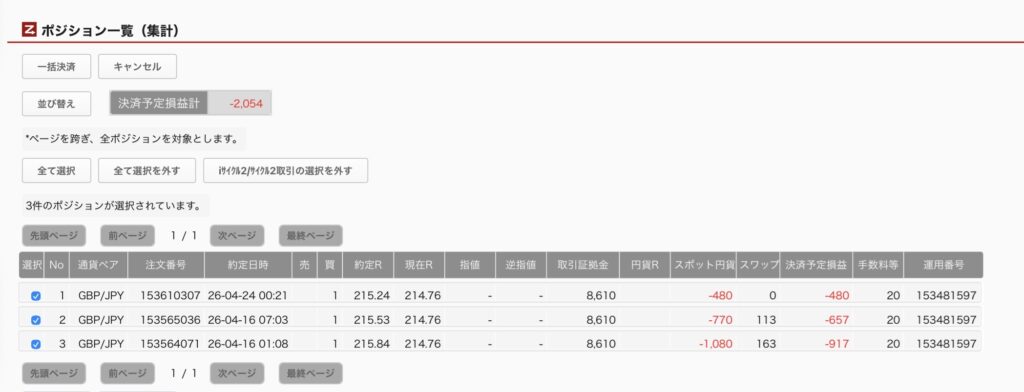 2026年4月24日6時ごろの運用しているポンド円自動売買システム(30)の未決済ポジション一覧。未決済ポジションの内訳が正確にわかるスクリーンショット