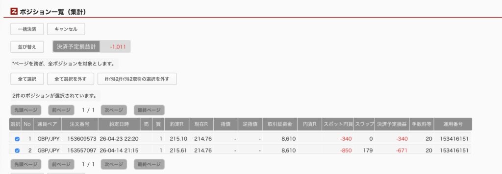 2026年4月24日6時ごろの運用しているポンド円自動売買システム(50)の未決済ポジション一覧。未決済ポジションの内訳が正確にわかるスクリーンショット
