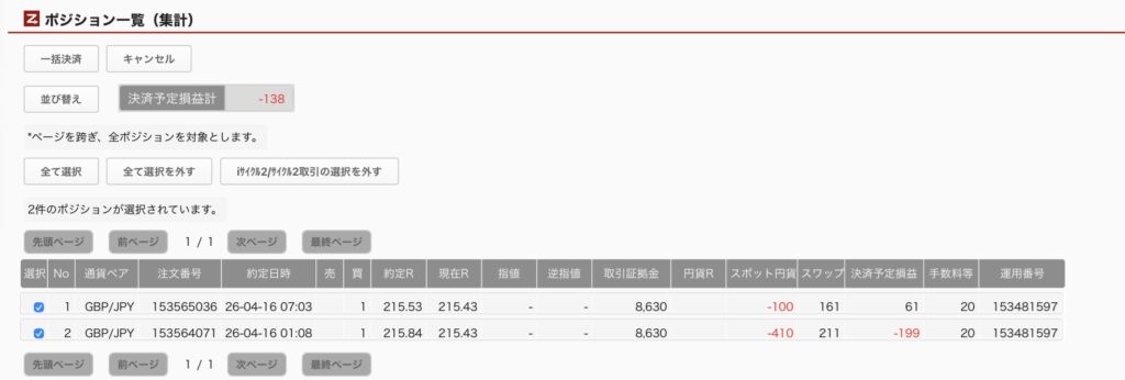 2026年4月25日6時ごろの運用しているポンド円自動売買システム(30)の未決済ポジション一覧。未決済ポジションの内訳が正確にわかるスクリーンショット
