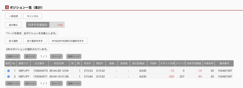 2026年4月29日6時ごろの運用しているポンド円自動売買システム(30)の未決済ポジション一覧。未決済ポジションの内訳が正確にわかるスクリーンショット