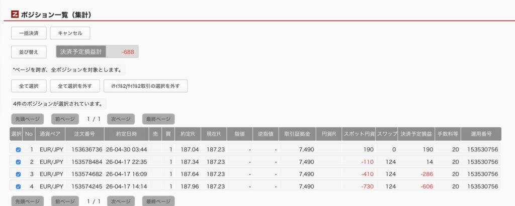 2026年4月30日6時ごろの運用しているユーロ円自動売買システム(30)の未決済ポジション一覧。未決済ポジションの内訳が正確にわかるスクリーンショット