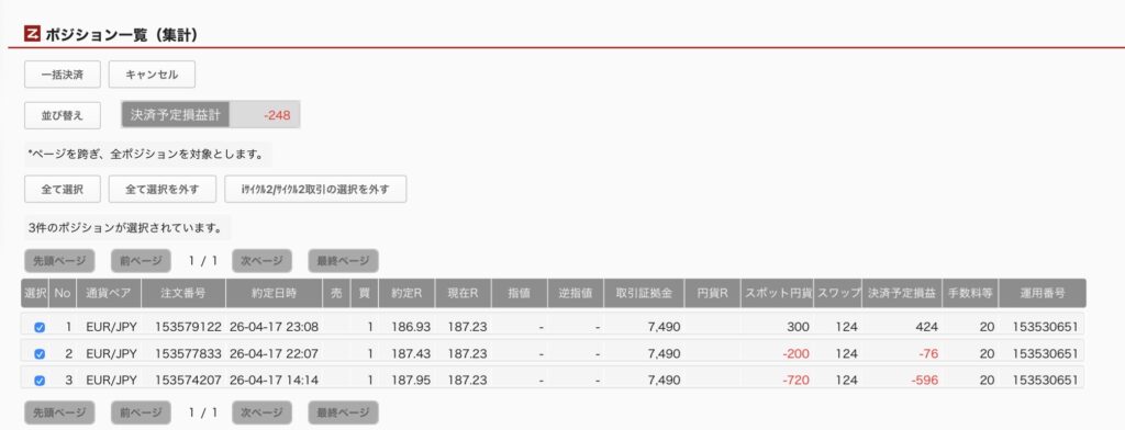 2026年4月30日6時ごろの運用しているユーロ円自動売買システム(50)の未決済ポジション一覧。未決済ポジションの内訳が正確にわかるスクリーンショット
