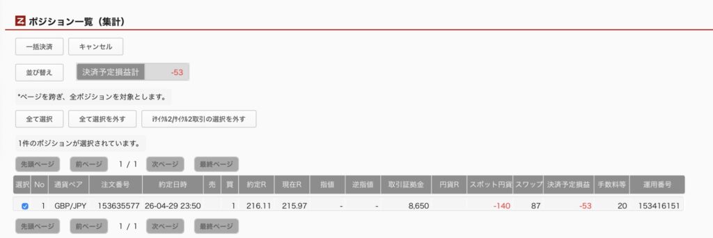 2026年4月30日6時ごろの運用しているポンド円自動売買システム(50)の未決済ポジション一覧。未決済ポジションの内訳が正確にわかるスクリーンショット
