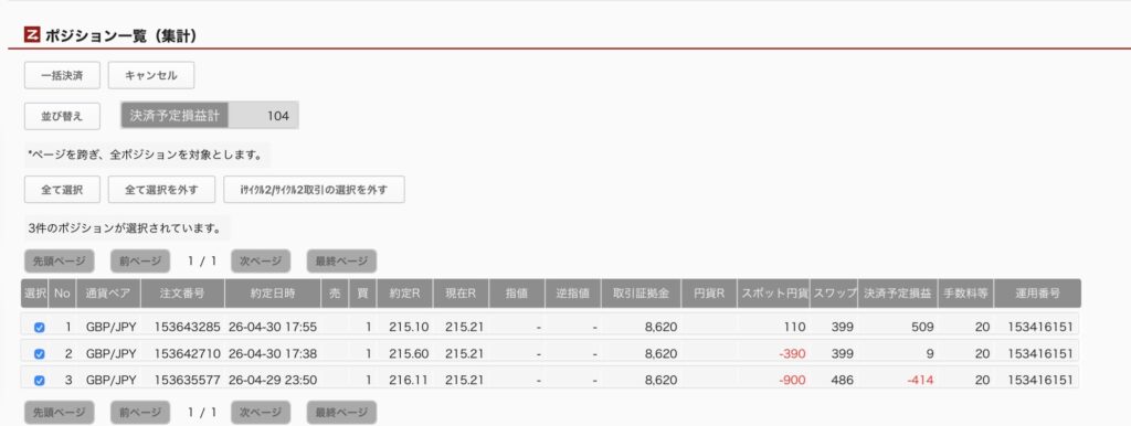 2026年6月3日6時ごろの運用しているポンド円自動売買システム(50)の未決済ポジション一覧。未決済ポジションの内訳が正確にわかるスクリーンショット
