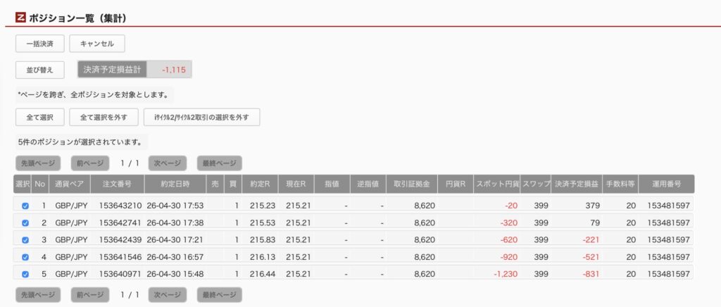 2026年6月3日6時ごろの運用しているポンド円自動売買システム(30)の未決済ポジション一覧。未決済ポジションの内訳が正確にわかるスクリーンショット
