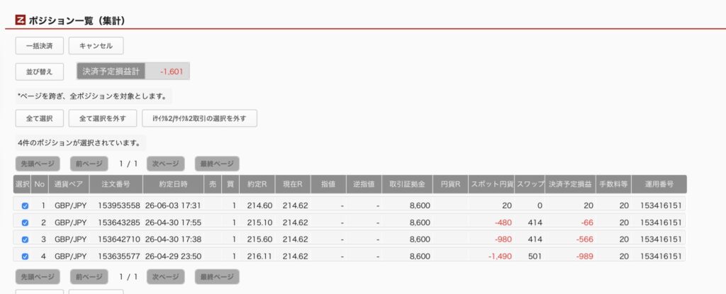 2026年6月4日6時ごろの運用しているポンド円自動売買システム(50)の未決済ポジション一覧。未決済ポジションの内訳が正確にわかるスクリーンショット

