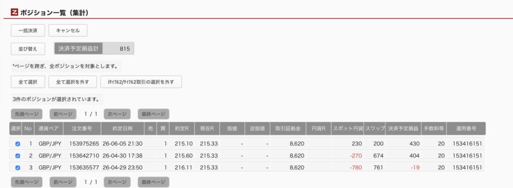 2026年6月17日6時ごろの運用しているポンド円自動売買システム(50)の未決済ポジション一覧。未決済ポジションの内訳が正確にわかるスクリーンショット