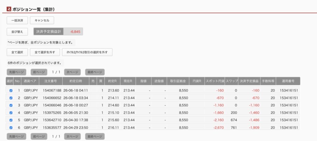 2026年6月18日6時ごろの運用しているポンド円自動売買システム(50)の未決済ポジション一覧。未決済ポジションの内訳が正確にわかるスクリーンショット

