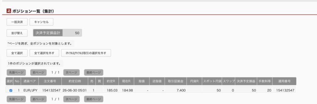2026年6月30日6時ごろの運用しているユーロ円自動売買システム(50)の未決済ポジション一覧。未決済ポジションの内訳が正確にわかるスクリーンショット
