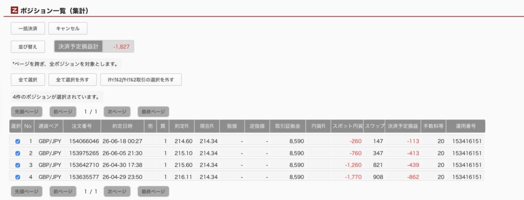 2026年6月30日6時ごろの運用しているポンド円自動売買システム(50)の未決済ポジション一覧。未決済ポジションの内訳が正確にわかるスクリーンショット
