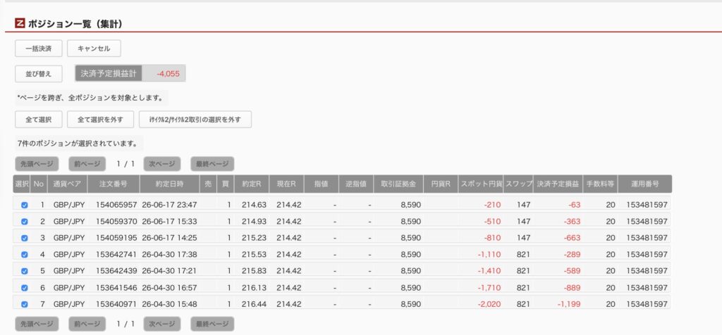 2026年6月30日6時ごろの運用しているポンド円自動売買システム(30)の未決済ポジション一覧。未決済ポジションの内訳が正確にわかるスクリーンショット

