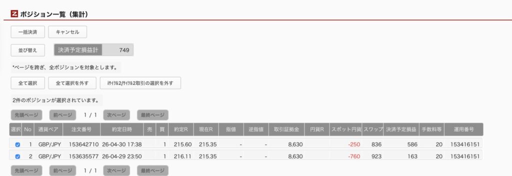 2026年7月1日6時ごろの運用しているポンド円自動売買システム(50)の未決済ポジション一覧。未決済ポジションの内訳が正確にわかるスクリーンショット
