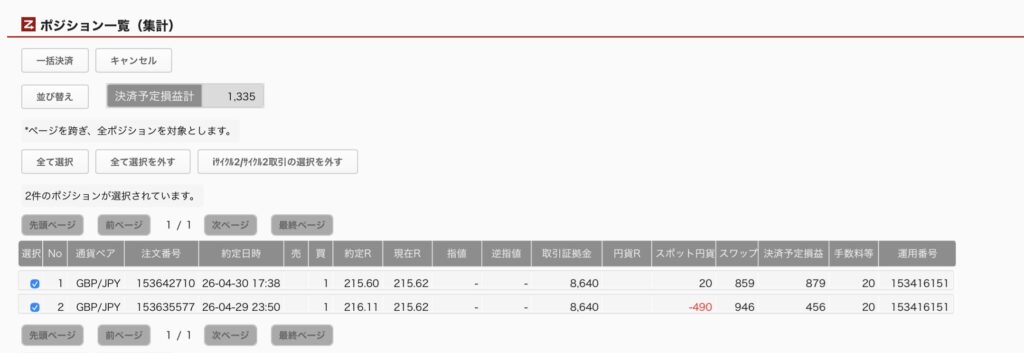 2026年7月2日6時ごろの運用しているポンド円自動売買システム(50)の未決済ポジション一覧。未決済ポジションの内訳が正確にわかるスクリーンショット
