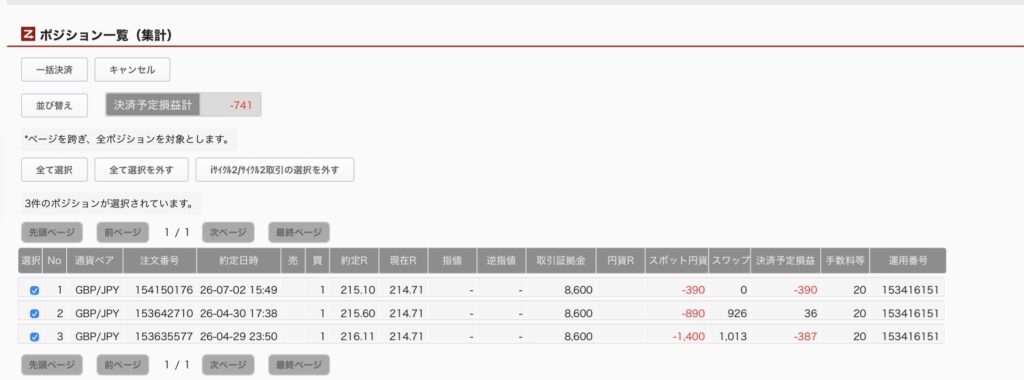 2026年7月3日6時ごろの運用しているポンド円自動売買システム(50)の未決済ポジション一覧。未決済ポジションの内訳が正確にわかるスクリーンショット
