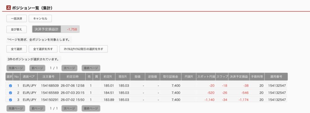 2026年7月8日6時ごろの運用しているユーロ円自動売買システム(50)の未決済ポジション一覧。未決済ポジションの内訳が正確にわかるスクリーンショット
