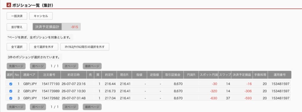 2026年7月8日6時ごろの運用しているポンド円自動売買システム(30)の未決済ポジション一覧。未決済ポジションの内訳が正確にわかるスクリーンショット
