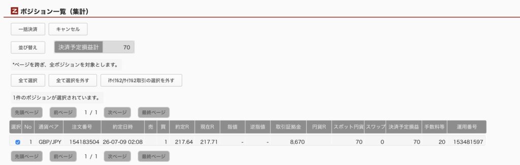 2026年7月9日6時ごろの運用しているポンド円自動売買システム(30)の未決済ポジション一覧。未決済ポジションの内訳が正確にわかるスクリーンショット
