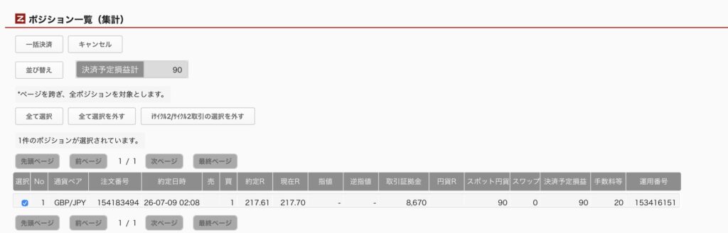 2026年7月9日6時ごろの運用しているポンド円自動売買システム(50)の未決済ポジション一覧。未決済ポジションの内訳が正確にわかるスクリーンショット