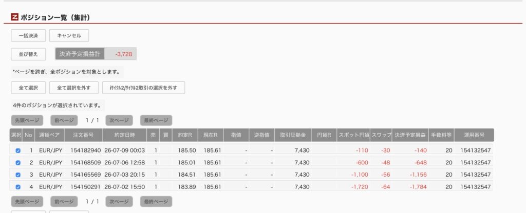 2026年7月10日6時ごろの運用しているユーロ円自動売買システム(50)の未決済ポジション一覧。未決済ポジションの内訳が正確にわかるスクリーンショット