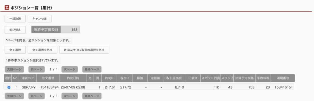 2026年7月10日6時ごろの運用しているポンド円自動売買システム(50)の未決済ポジション一覧。未決済ポジションの内訳が正確にわかるスクリーンショット