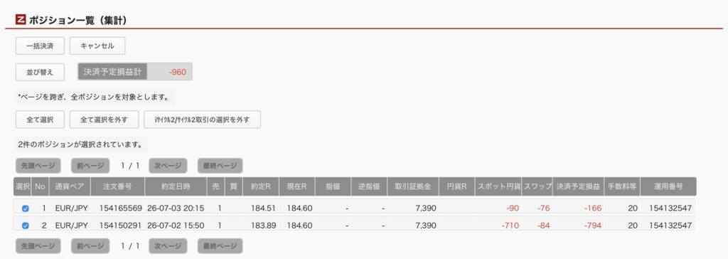 2026年7月11日6時ごろの運用しているポンド円自動売買システム(30)の未決済ポジション一覧。未決済ポジションの内訳が正確にわかるスクリーンショット