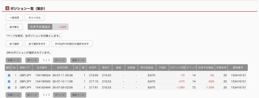 2026年7月11日6時ごろの運用しているポンド円自動売買システム(50)の未決済ポジション一覧。未決済ポジションの内訳が正確にわかるスクリーンショット
