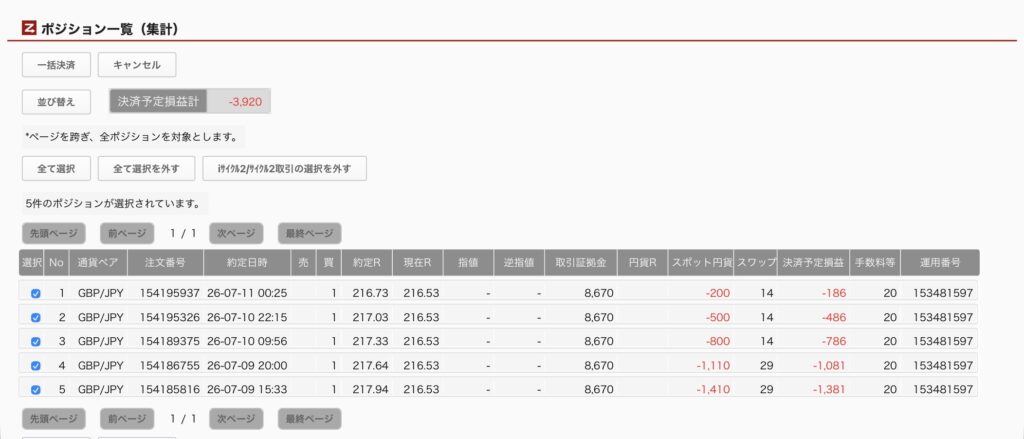 2026年7月11日6時ごろの運用しているポンド円自動売買システム(30)の未決済ポジション一覧。未決済ポジションの内訳が正確にわかるスクリーンショット

