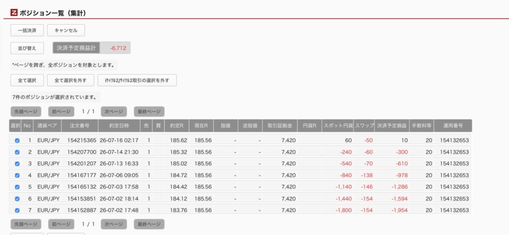2026年7月21日6時ごろの運用しているユーロ円自動売買システム(30)の未決済ポジション一覧。未決済ポジションの内訳が正確にわかるスクリーンショット