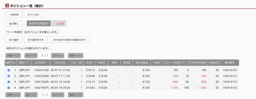 2026年7月22日6時ごろの運用しているポンド円自動売買システム(50)の未決済ポジション一覧。未決済ポジションの内訳が正確にわかるスクリーンショット