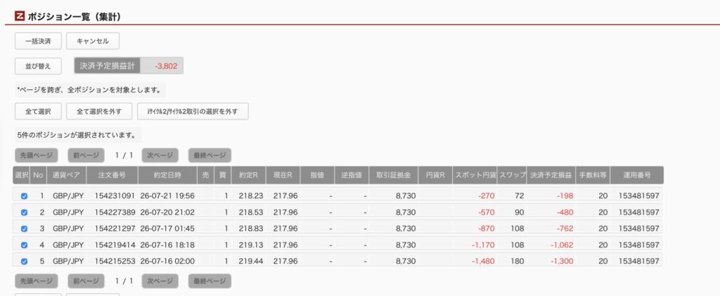 2026年7月23日6時ごろの運用しているポンド円自動売買システム(30)の未決済ポジション一覧。未決済ポジションの内訳が正確にわかるスクリーンショット
