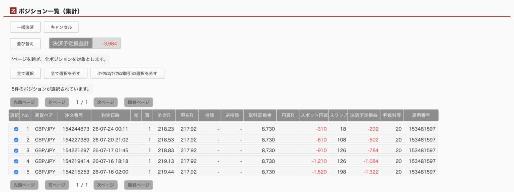2026年7月24日6時ごろの運用しているポンド円自動売買システム(30)の未決済ポジション一覧。未決済ポジションの内訳が正確にわかるスクリーンショット

