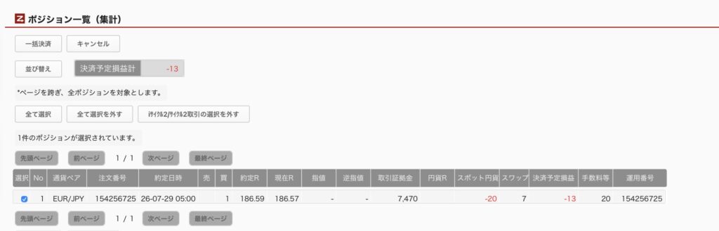 2026年7月29日6時ごろの運用しているユーロ円自動売買システム(30)の未決済ポジション一覧。未決済ポジションの内訳が正確にわかるスクリーンショット

