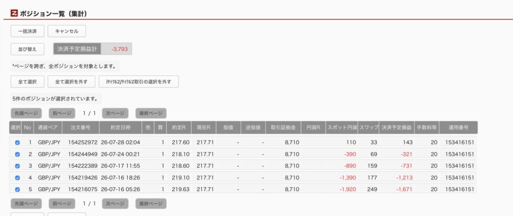 2026年7月29日6時ごろの運用しているポンド円自動売買システム(50)の未決済ポジション一覧。未決済ポジションの内訳が正確にわかるスクリーンショット
