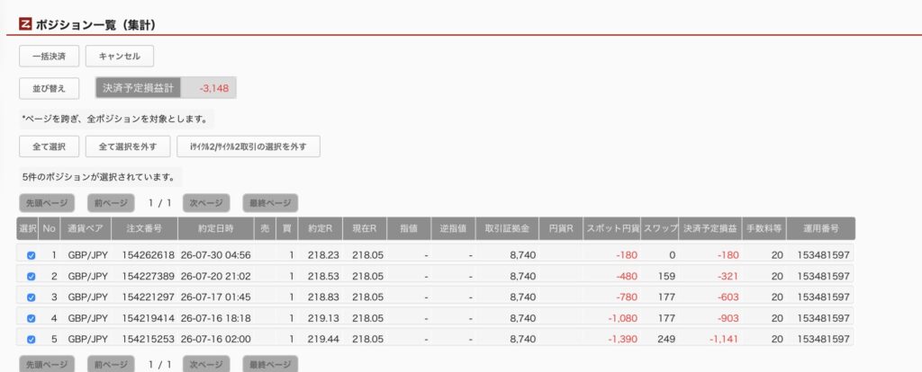 2026年7月30日6時ごろの運用しているポンド円自動売買システム(30)の未決済ポジション一覧。未決済ポジションの内訳が正確にわかるスクリーンショット